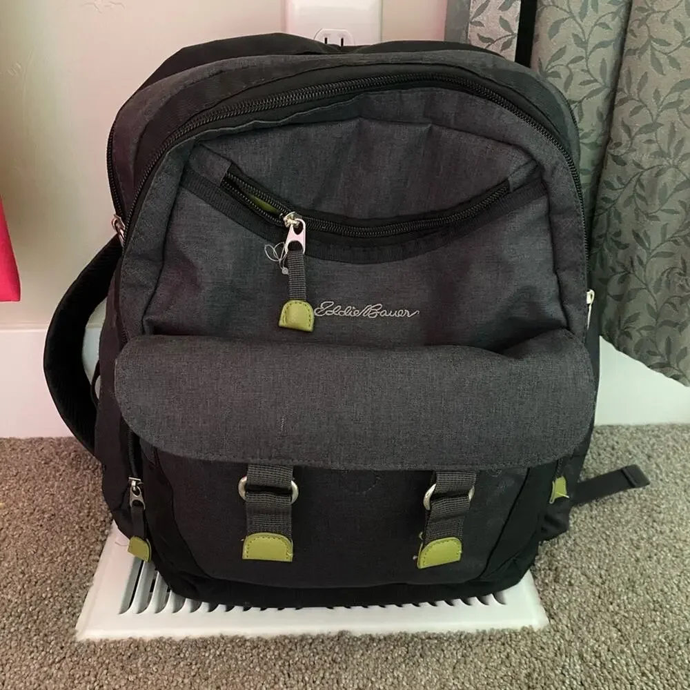 Eddie Bauer Gray With Green Accents Large Backpack Diaper Bag Gender Neutral